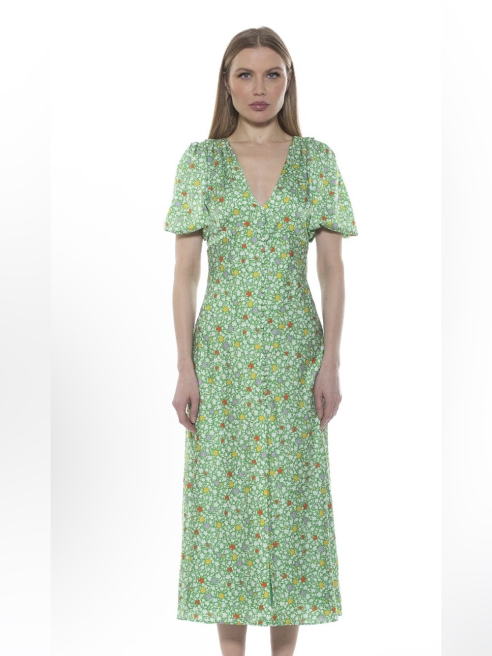 Alexia Admor Lorlei Green Floral V-Neck Midi Dress - Picture 2 of 7